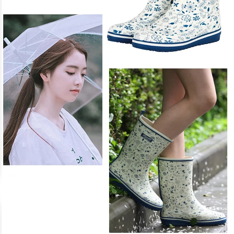 Print waterproof rubber rain boots women